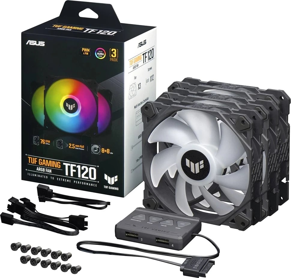 Ventilator për Kasë ASUS TUF Gaming TF120 ARGB, me Kontrollues ARGB, 12 cm, Zi