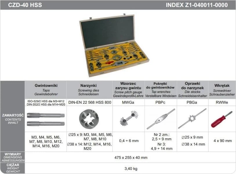 Set tapa dhe fileta FANAR CZD-40 HSS, 40 copë, M3-M20