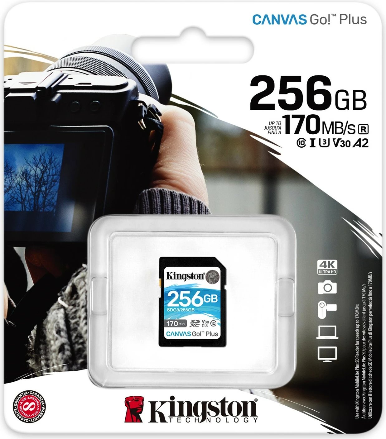 Kartelë SD Kingston 256GB Canvas Go Plus, 170 MB/s, e zezë