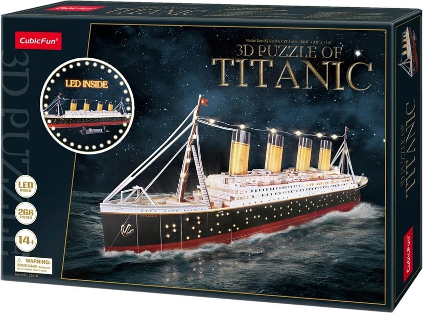 Puzzle 3D CubicFun Titanic me LED, Ngjyrë Druri