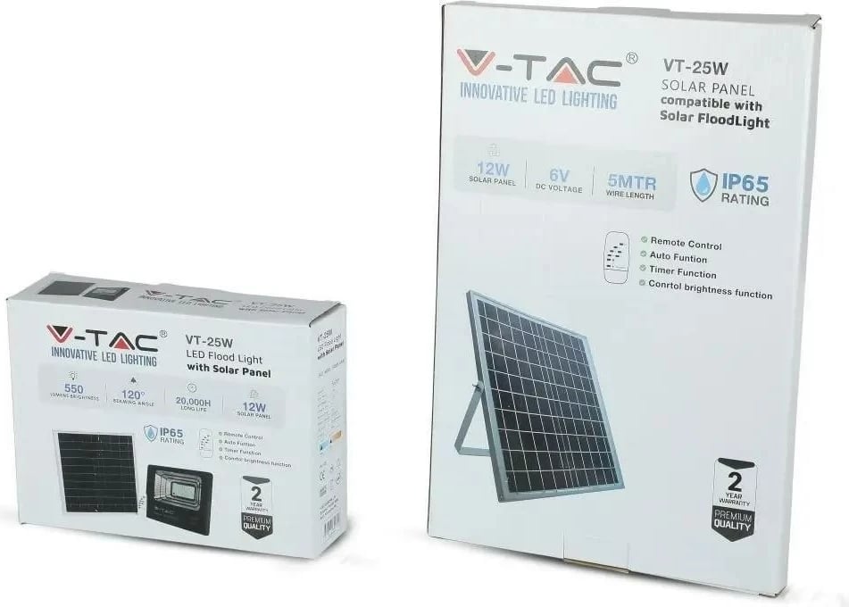 Projektor LED solar V-TAC 12W, IP65, me telekomandë, Timer, 6000K, i zi