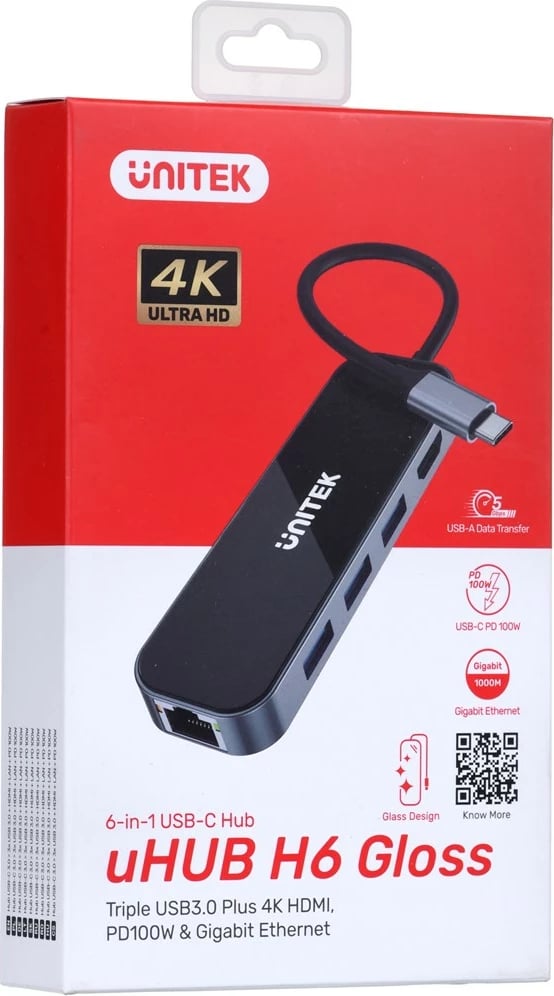 Përshtatës Unitek Hub, USB-C 3.1,RJ-45,3XUSB-A, i zi 