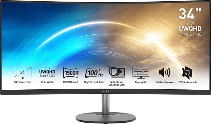 Monitor MSI PRO MP341CQ, 34", VA, Curve 1500R, UWQHD, 1ms, 100Hz, HDR Ready, FreeSync, e zezë