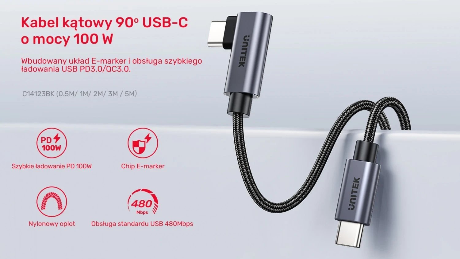 Kabllo Unitek USB-C këndore 90° PD100W 2m, ngjyrë zi-hiri