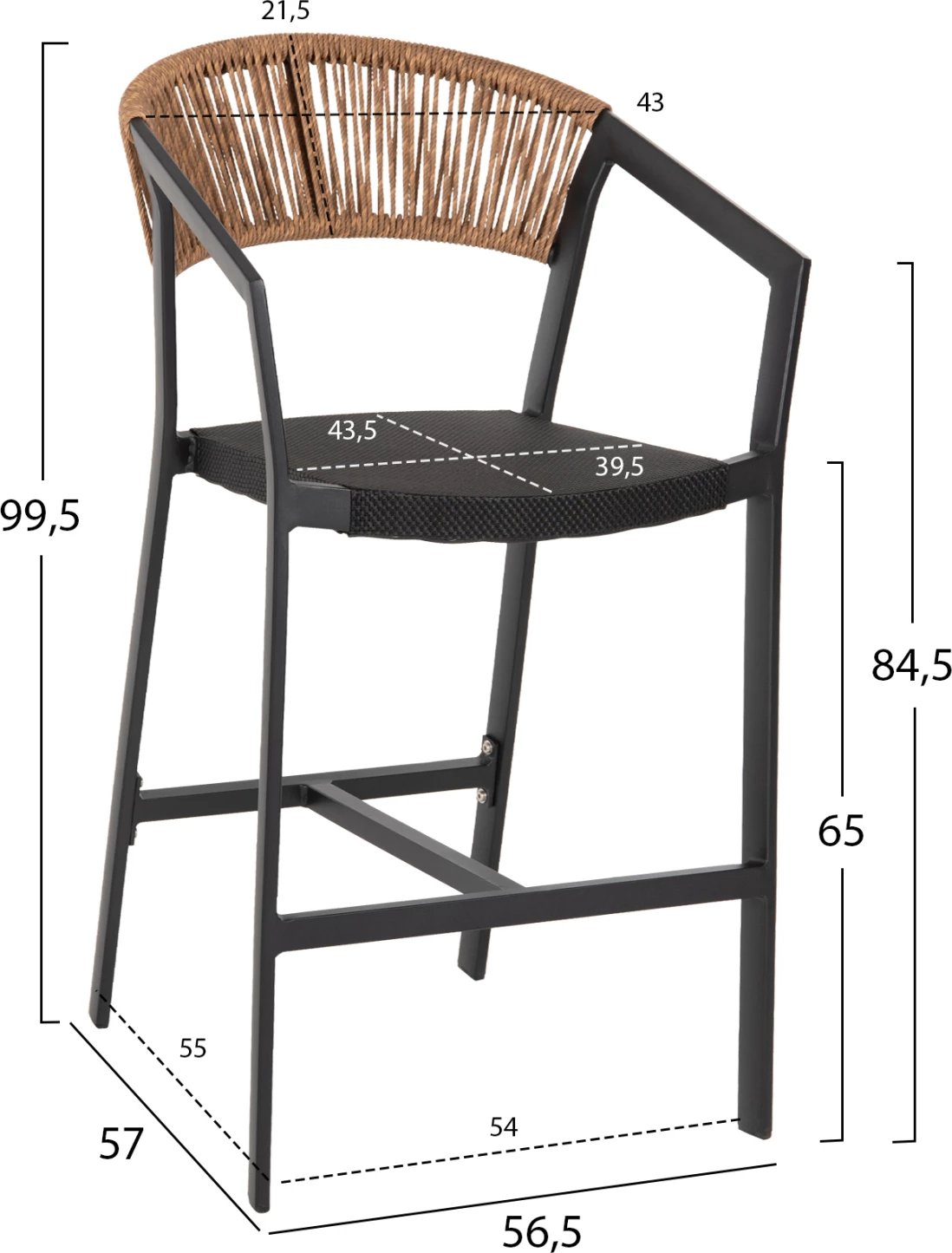 Karrige për bar alumini, ngjyrë zezë, FH5892.15, lartësi mesatare, tekstilene e zezë dhe ratan bezhë, 56.5x57x99.5H cm