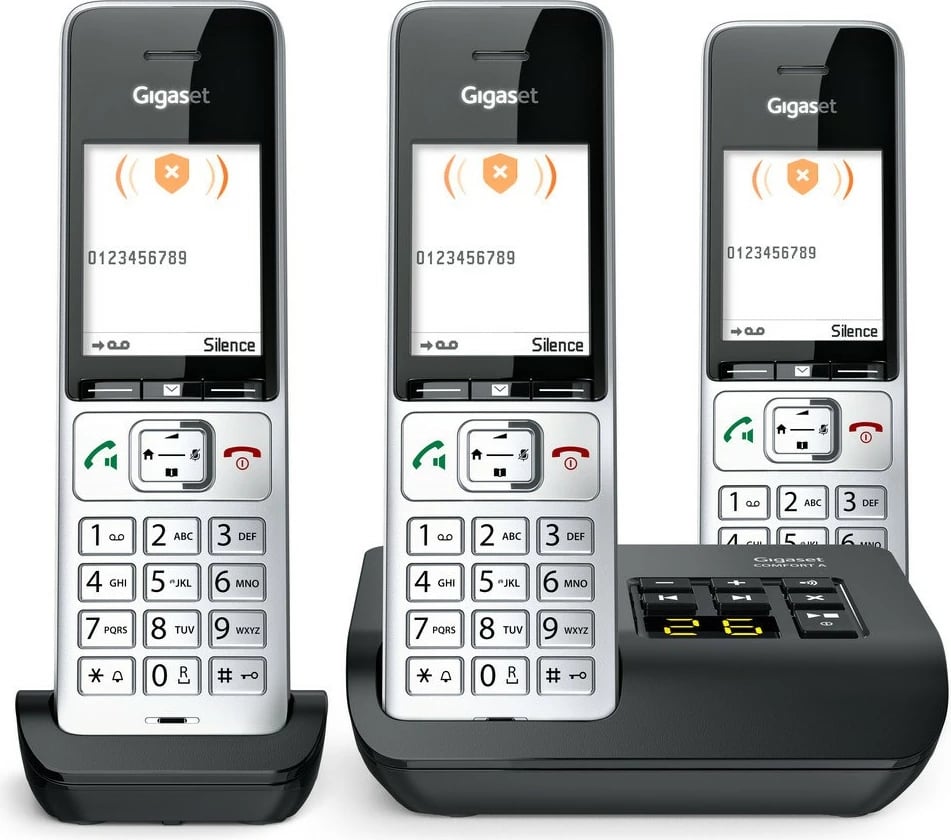 Telefon Gigaset COMFORT 500A Trio, Analog/DECT, Mbështjellës me kabllo, Altoparlant, 200 kontakte, ID thirrës, Ngjyrë e zezë, Argjend