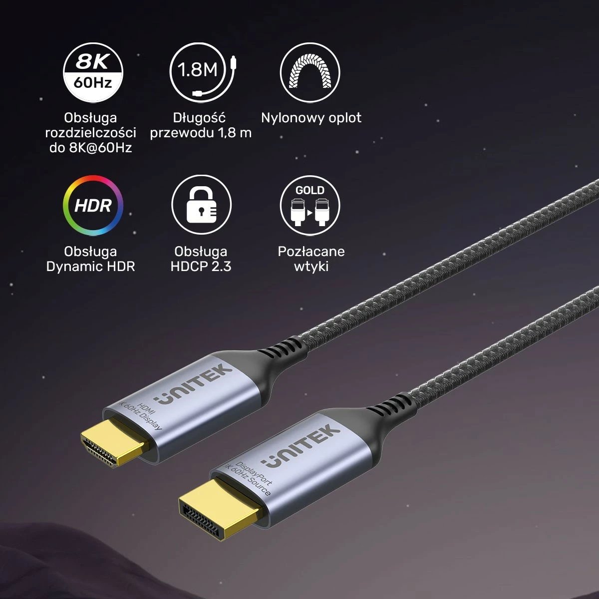 Kabllo Unitek DisplayPort 1.4 në HDMI 2.1, 8K, 1.8m, e zezë