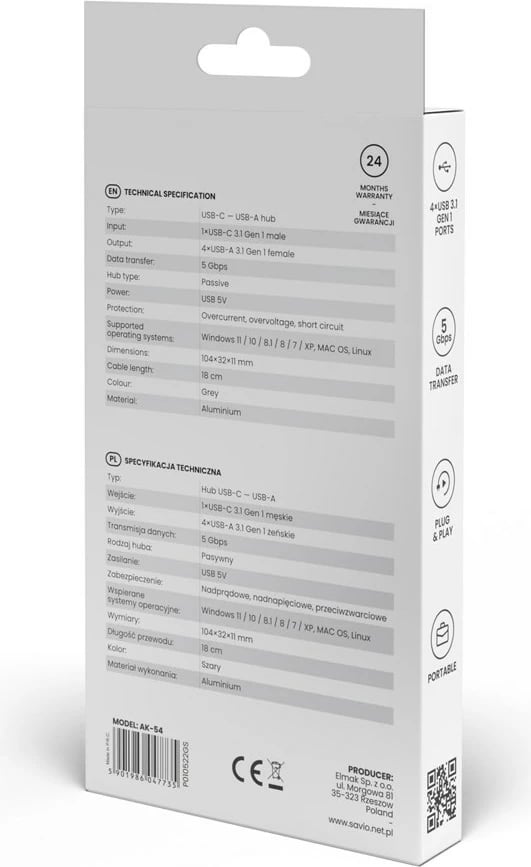 Hub Savio USB-C - 4 x USB-A, AK-54, hiri