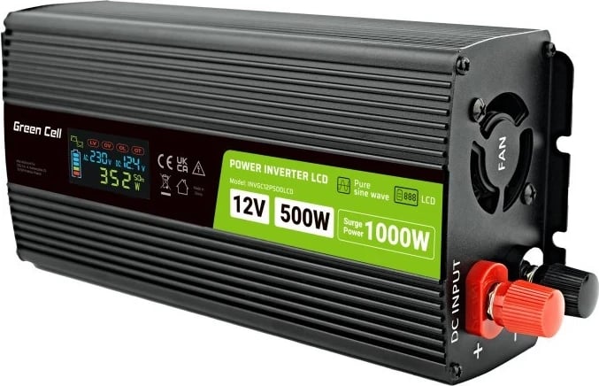Invertor Green Cell PowerInverter LCD 12V 500W/10000W, valë e pastër, i zi