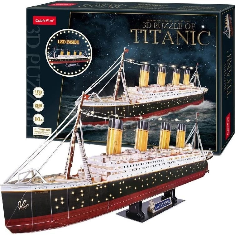 Puzzle 3D CubicFun Titanic me LED, Ngjyrë Druri