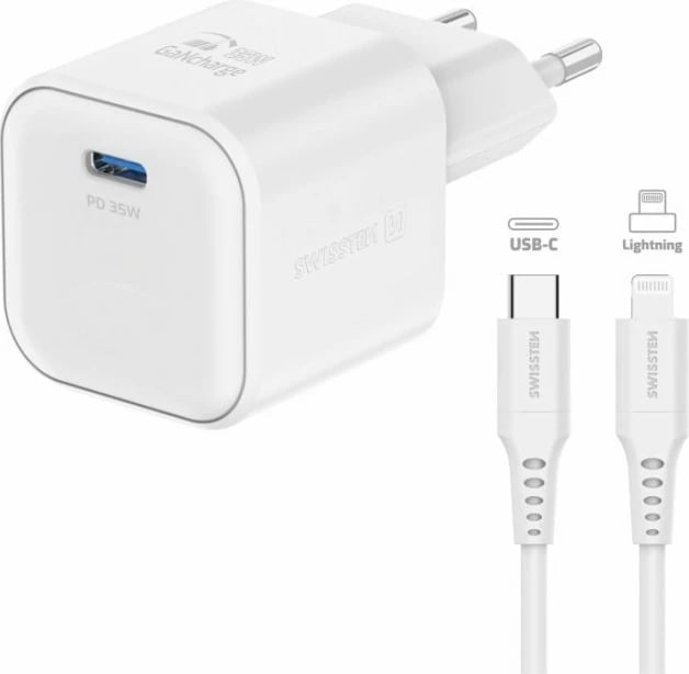 Karikues Swissten GaN 1x USB-C 35W POWER DELIVERY + KABLLO USB-C/USB-C 1,2 M