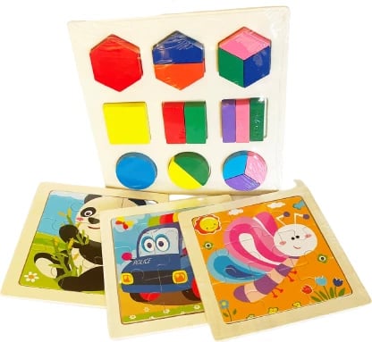 Set, 3 puzzle me figura dhe 1 puzzle gjeometrik, dru