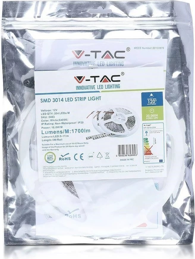 Shirit LED V-TAC VT-3014, 1020LED, 12V, IP20, 18W/m, 3000K, e bardhë