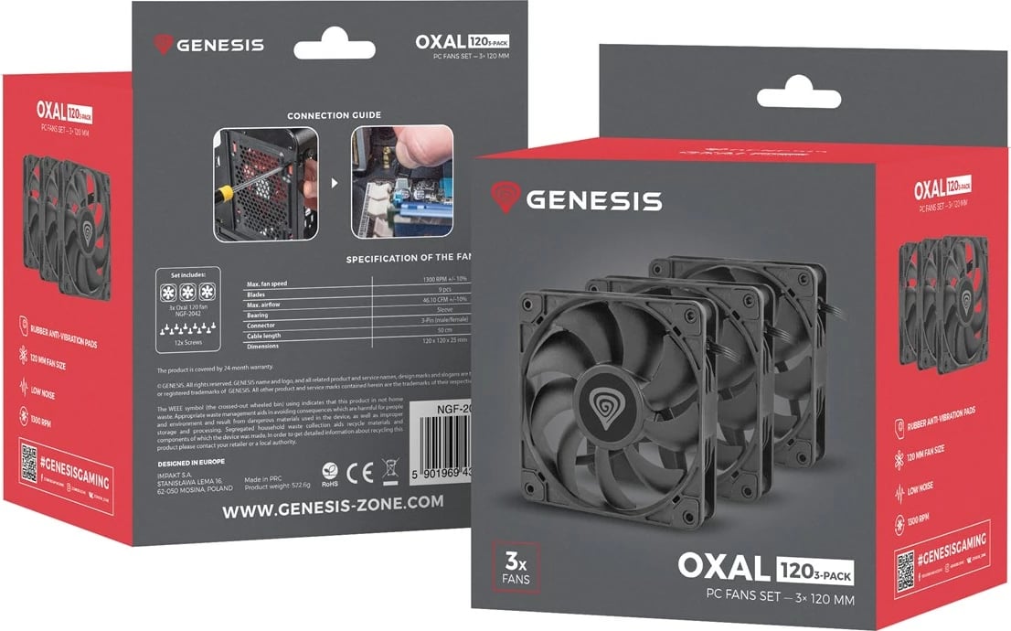 Ventilatorë për kasë GENESIS Oxal 120, 12 cm, 3 copë, Të zinj