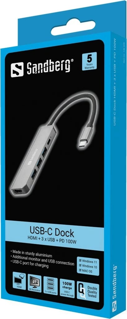 Dock USB-C Sandberg HDMI+3xUSB+PD 100W, Gri