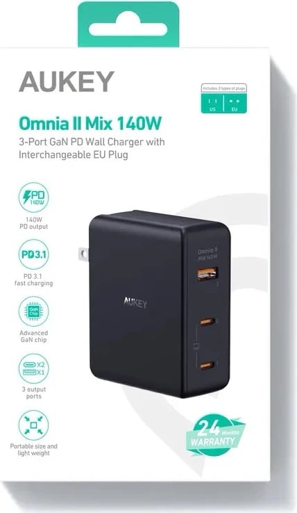 Karikues muri AUKEY PA-B7O Omnia II GaN 2xUSB-C 1xUSB-A PD 3.1 PPS 140W i zi