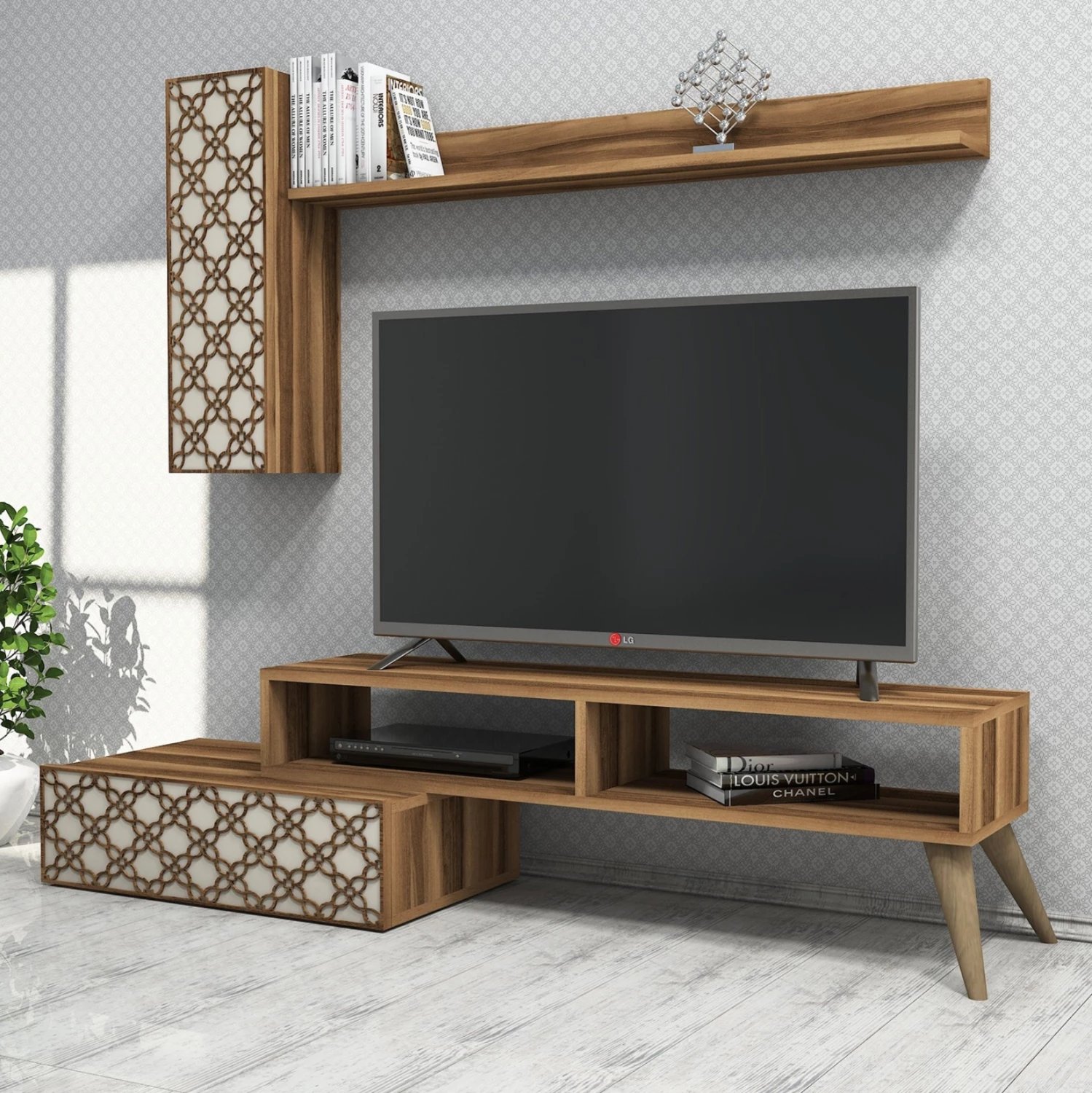 Set mobiljesh për TV, melaminë, ngjyrë arre dhe krem, FH9518.02, 150x37.2x37.8H cm