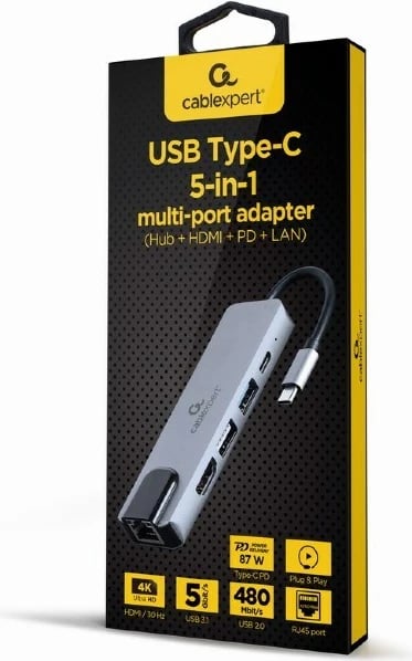 Adapter me shumë porte Gembird A-CM-COMBO5-04, USB Type-C 5-në-1 (Hub + HDMI + PD + LAN), Argjendtë