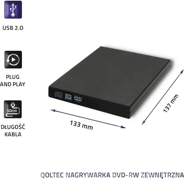 Regjistrues i jashtëm DVD-RW Qoltec 51858, USB 2.0, i zi