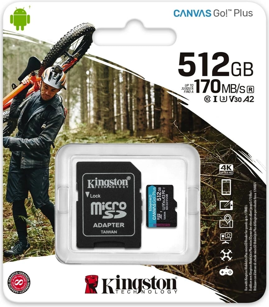 Kartelë microSDXC Kingston Technology 512GB Canvas Go Plus 170R A2 U3 V30, e zezë