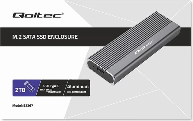 Kasë Qoltec 52267 për SSD M.2, SATA, NGFF, USB-C, 2TB, Gri