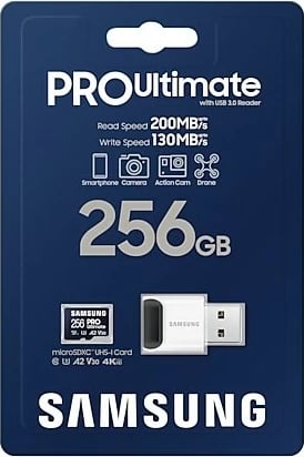 Kartelë MicroSDXC Samsung MB-MY256SB/WW, 256 GB, UHS-I, 200 MB/s, 130 MB/s, Class 3 (U3), Blu