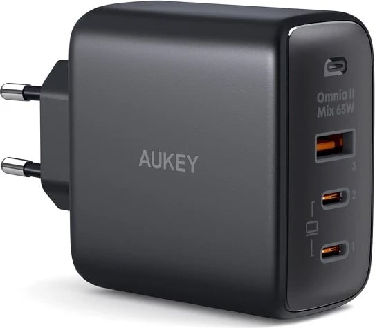 Mbushës i murit AUKEY Omnia II Mix PA-B6T, 1x USB dhe 2x USB-C Power Delivery 3.0 65W, Ngjyrë e Zezë