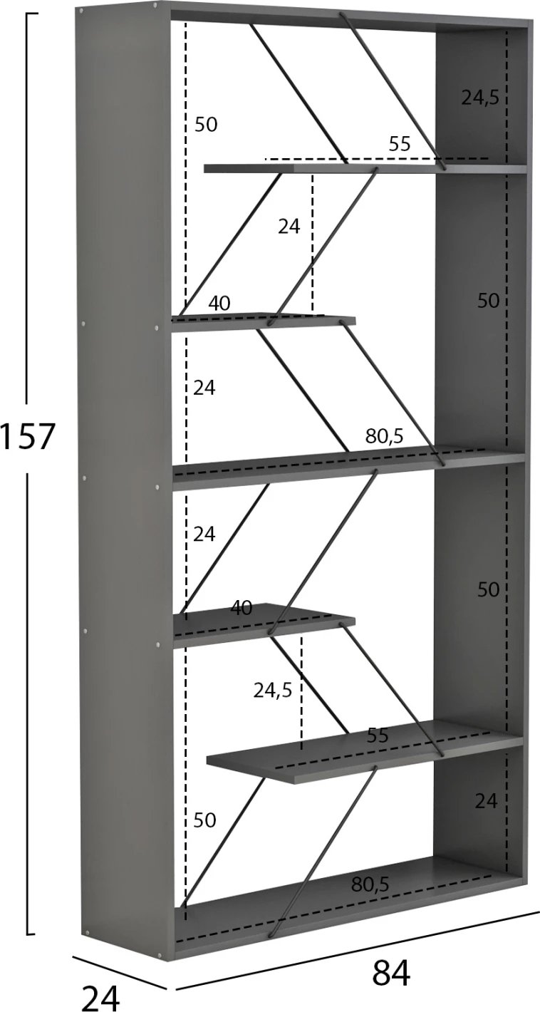 Raft librash TARS, melamin gri, shufra metali të zeza, FH2240.20, 84x24x157H cm.