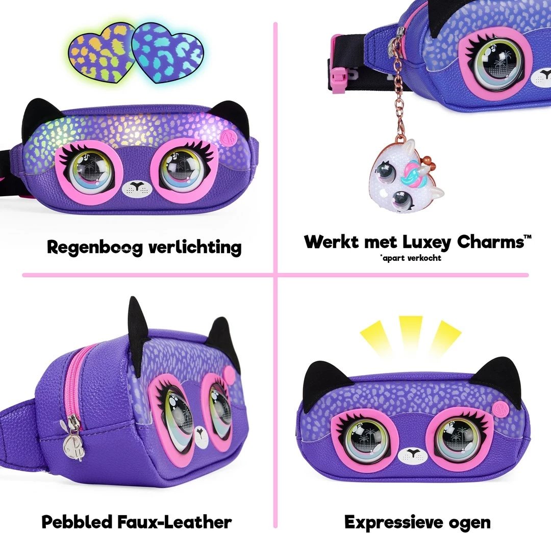 Çantë SPIN MASTER Purse Pets Savannah Spotlight, lodër interaktive dhe çantë crossbody, ngjyrë vjollcë