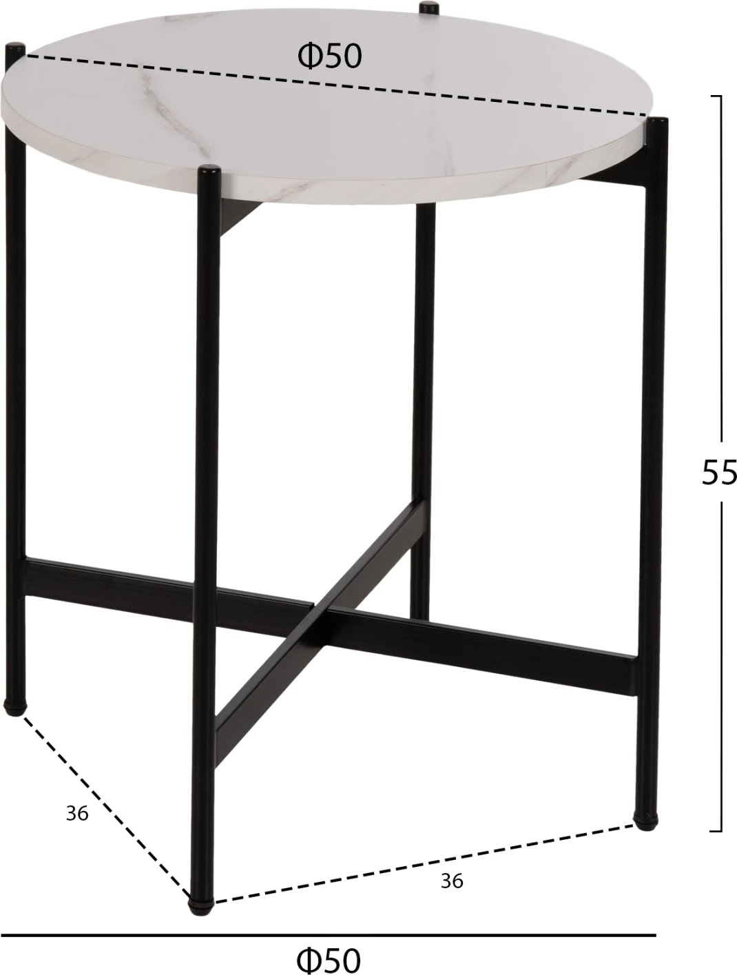 Tavolinë anësore FH9589.05 MDF mermer i bardhë-bazë metalike e zezë Φ50x55Hcm.