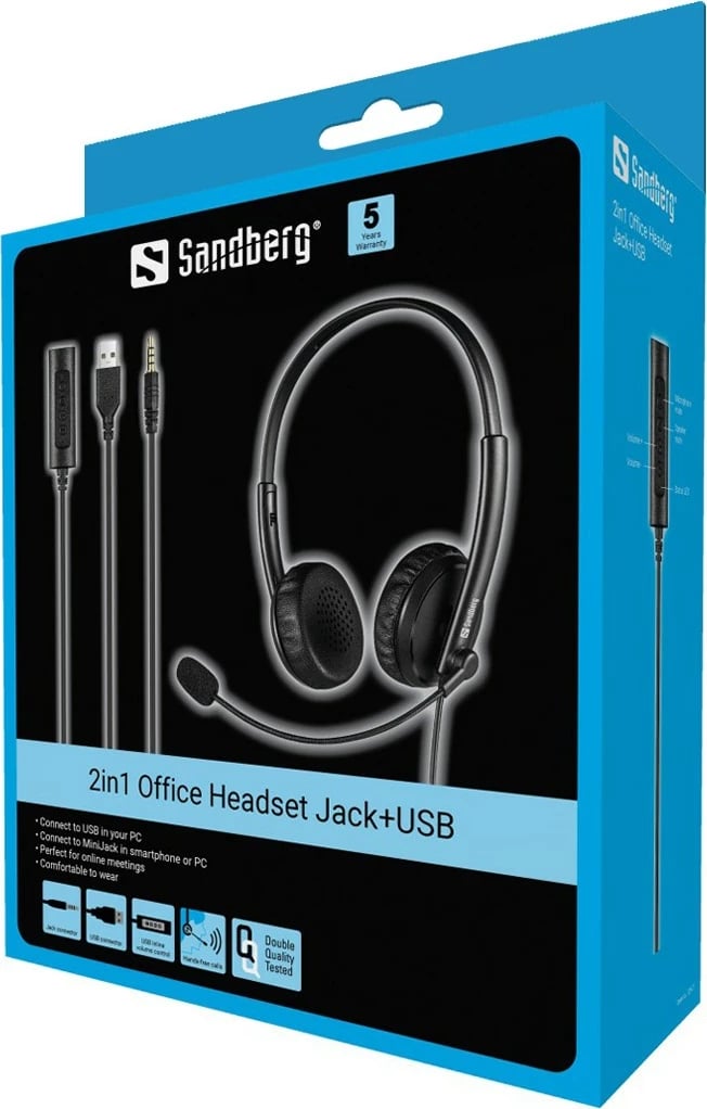 Headset Sandberg 2in1 Office Jack+USB, 20 - 20000 Hz, 110 g, E zezë