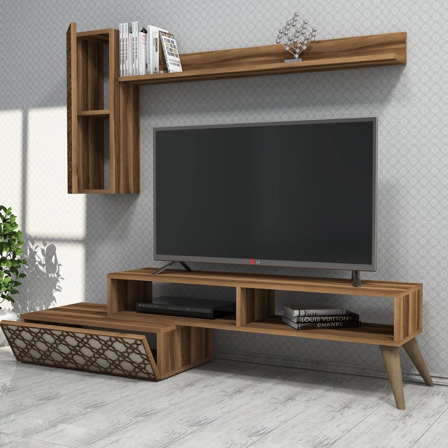 Set mobiljesh për TV, melaminë, ngjyrë arre dhe krem, FH9518.02, 150x37.2x37.8H cm