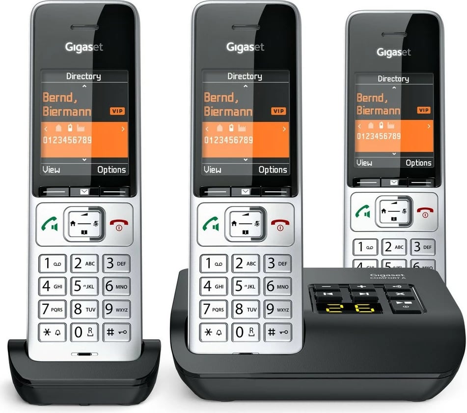 Telefon Gigaset COMFORT 500A Trio, Analog/DECT, Mbështjellës me kabllo, Altoparlant, 200 kontakte, ID thirrës, Ngjyrë e zezë, Argjend