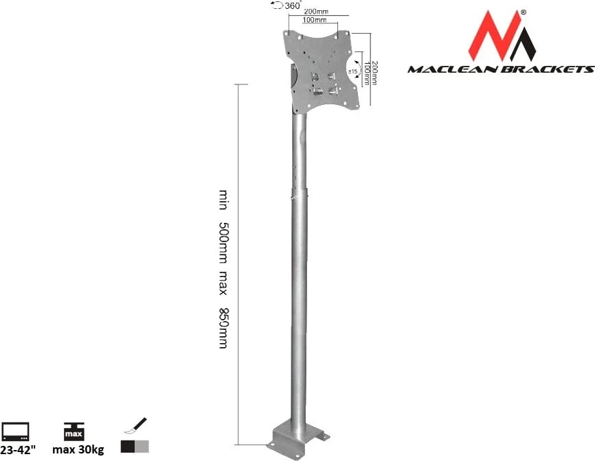 Mbajtës tavani Maclean MC-504A S, 23"-42", argjendtë