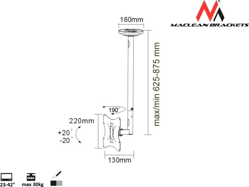 Mbajtës tavani Maclean MC-504A S, 23"-42", argjendtë