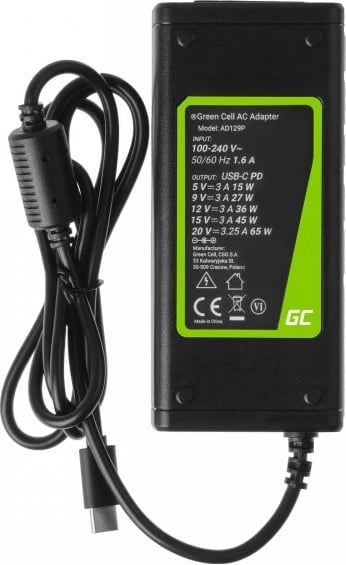 Karikues për laptop Green Cell AD134P, USB-C charger AC, 65W, i zi