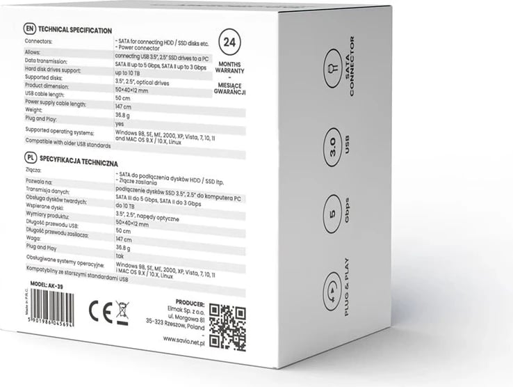 Adapter dhe konvertues USB 3.0 në SATA III SAVIO AK-39, e zezë