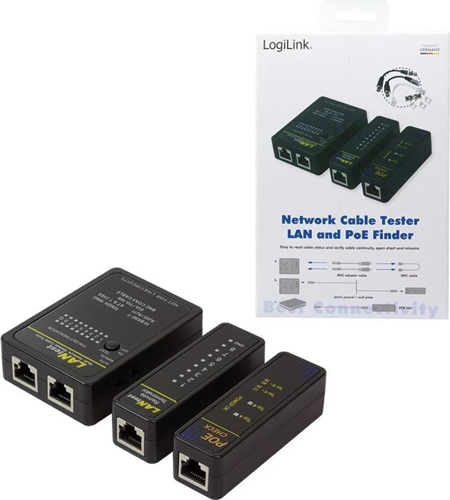 Testues Kabllash Logilink WZ0015P, për RJ11, RJ45 dhe BNC, me njësi të largët dhe kërkues PoE, ngjyrë e zezë