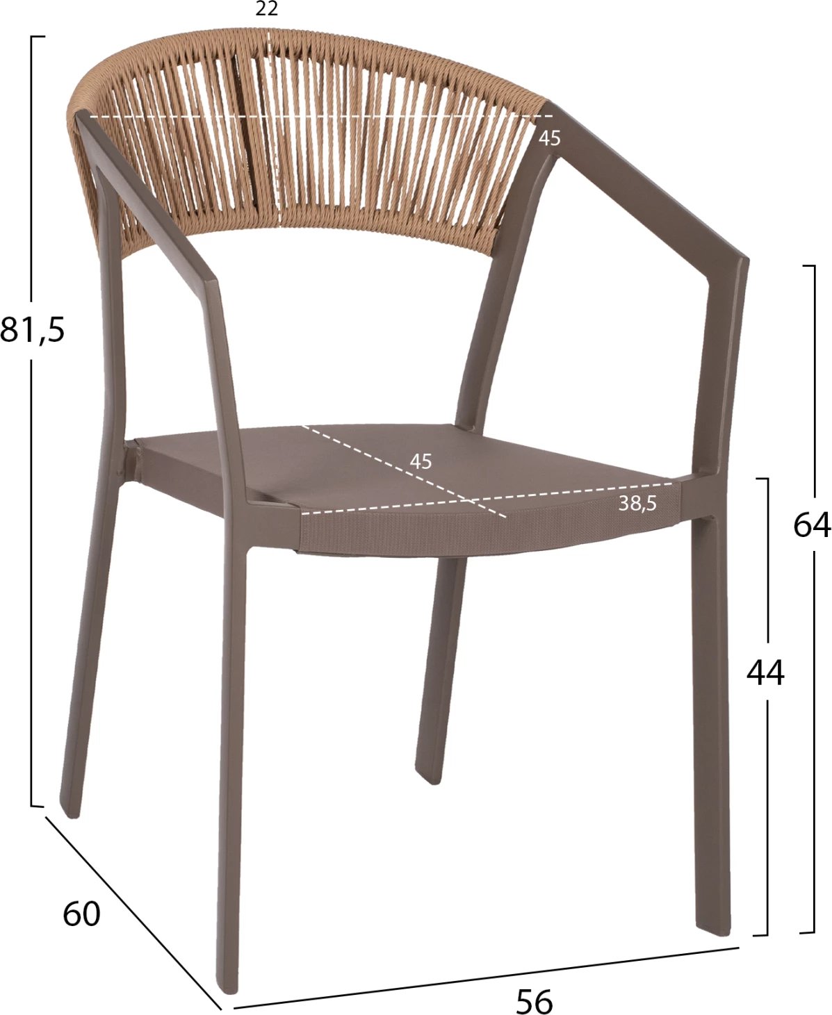 Karrige alumini FH5891.03, kornizë shampanjë dhe tekstil, mbështetëse ratan bezhë, 56x60x81,5H cm.