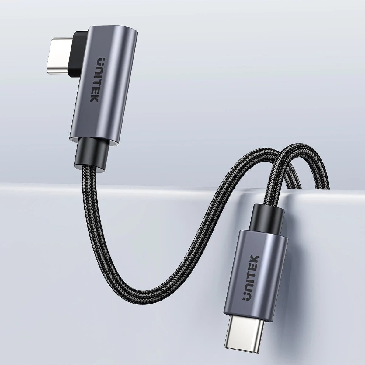 Kabllo Unitek USB-C këndore 90° PD100W 2m, ngjyrë zi-hiri