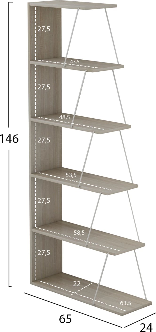 Raft librash MINI TARS FH2241.11 melaminë sonoma-shufra metali të bardha 65x22-24x146H cm.