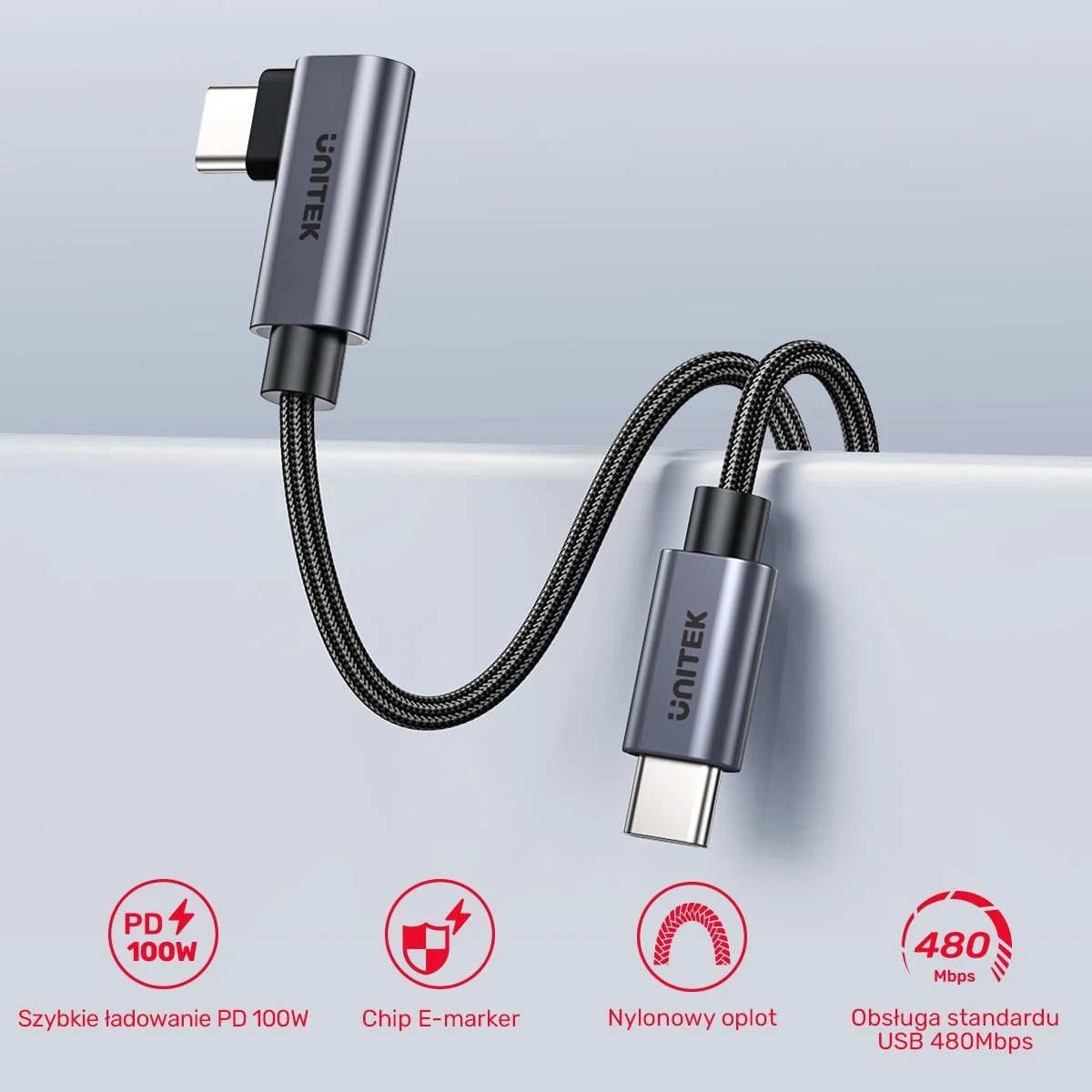 Kabllo Unitek USB-C këndore 90° PD100W 2m, ngjyrë zi-hiri