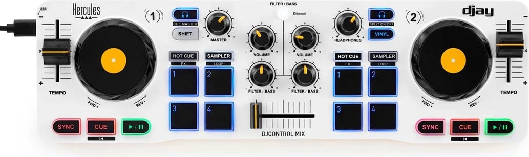 Kontroller DJ Hercules DJControl MIX Bluetooth për Celular dhe tableta Android, 2 kanale, Ngjyrë e zezë, e bardhë, e verdhë