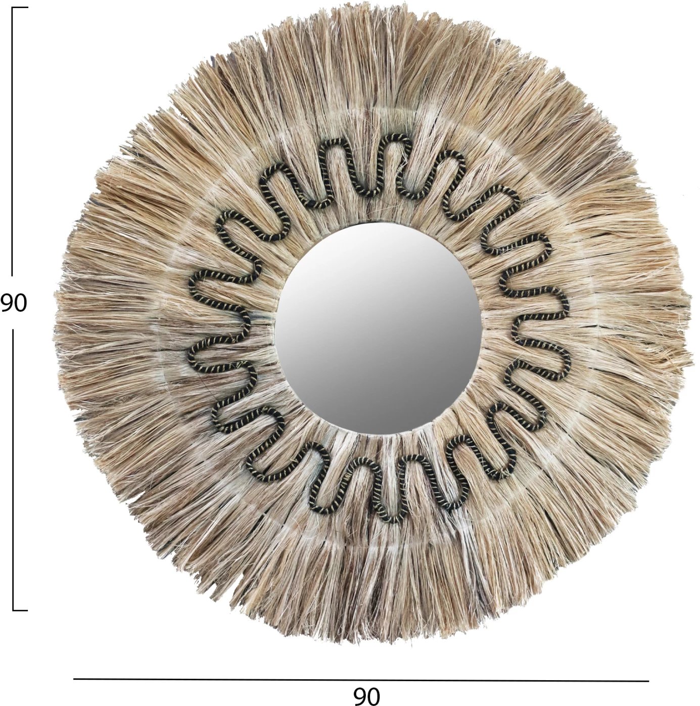 Pasqyrë e rrumbullakët me kornizë prej fibrash abaca, ngjyrë natyrale dhe e zezë, 90x4x90 cm, FH7750