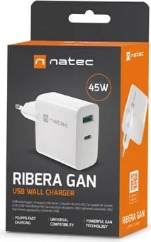 Karikues NATEC RIBERA GAN 1X USB-A + 1X USB-C 45W i bardhë