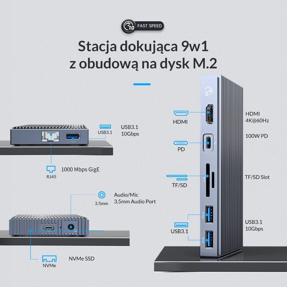 Hub Orico 9w1, NVMe, gri