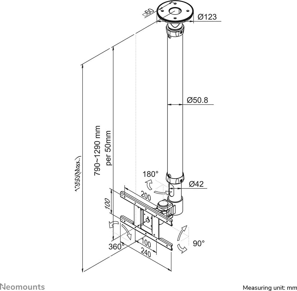 Mbajtës tavani për monitor Neomounts FPMA-C100, 12 kg, 25.4 cm (10"), 76.2 cm (30"), 75 x 75 mm, 200 x 100 mm, 790 - 1290 mm, i zi