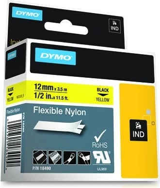 Letër ngjitëse DYMO IND Flexible Nylon, 12mm x 3.5m, E zezë në të verdhë