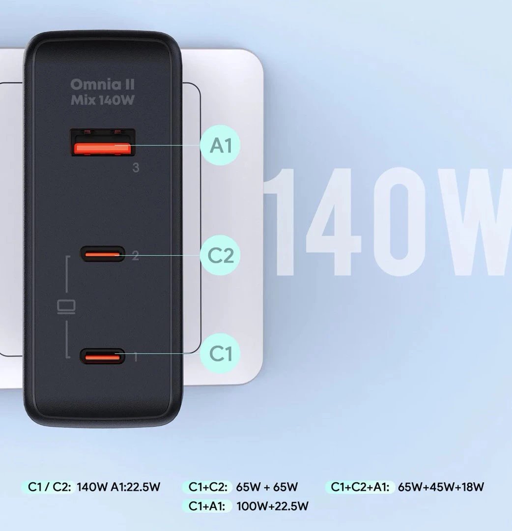 Karikues muri AUKEY PA-B7O Omnia II GaN 2xUSB-C 1xUSB-A PD 3.1 PPS 140W i zi