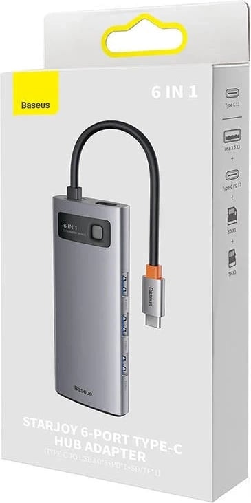 Hub Baseus Metal Gleam Series 6w1, USB-C në 3x USB 3.0 + USB-C PD + microSD/SD